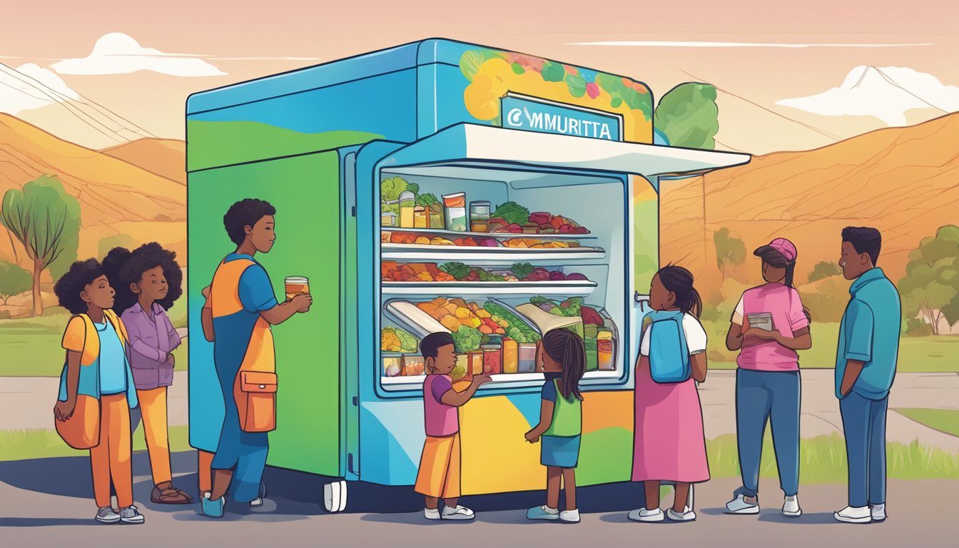 A brightly colored community fridge stands against a backdrop of murrieta, ca. A diverse group of people gather around, exchanging food and goods