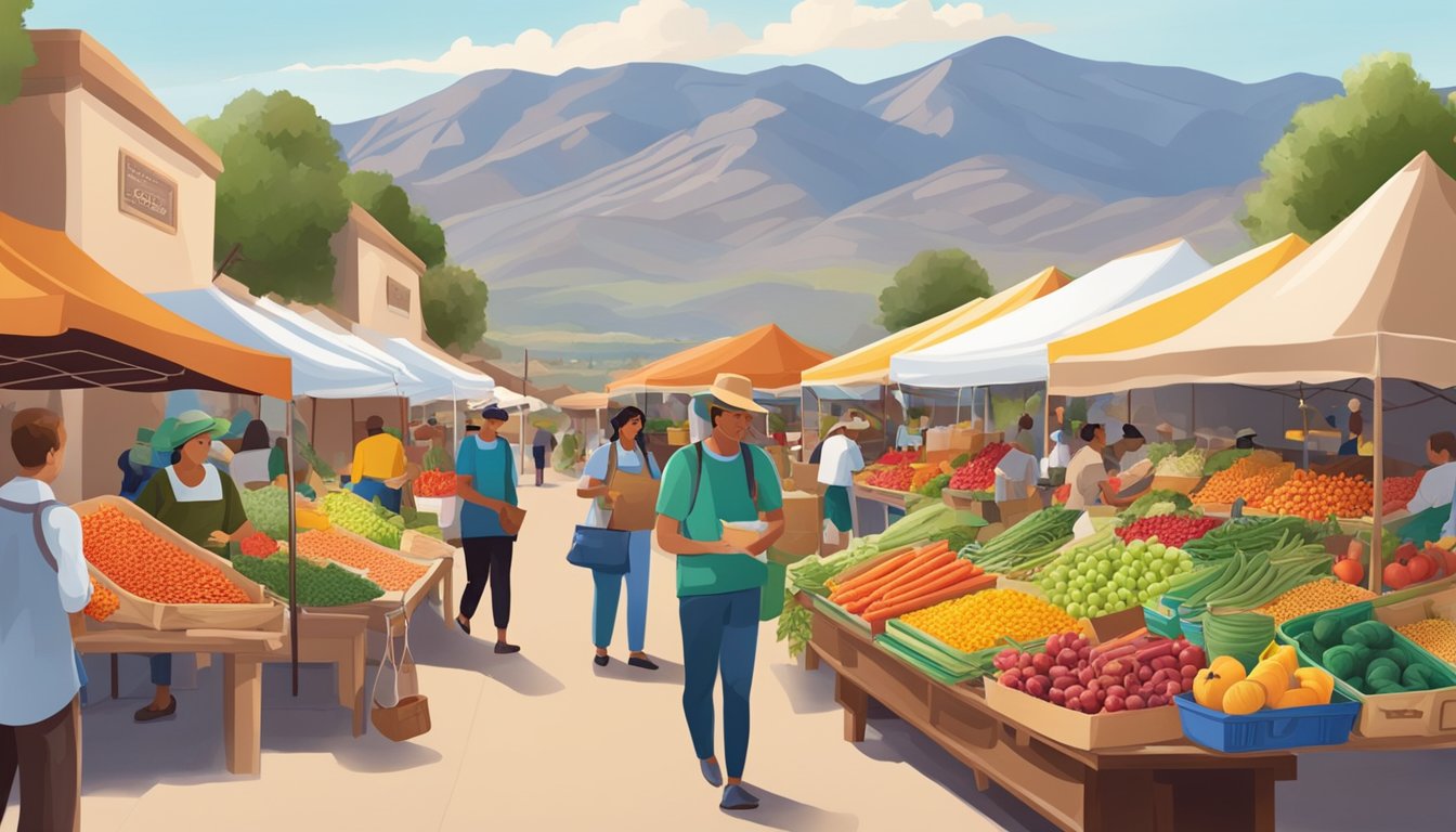 A bustling farmer's market with colorful produce and aromatic spices, set against the backdrop of the Sandia Mountains