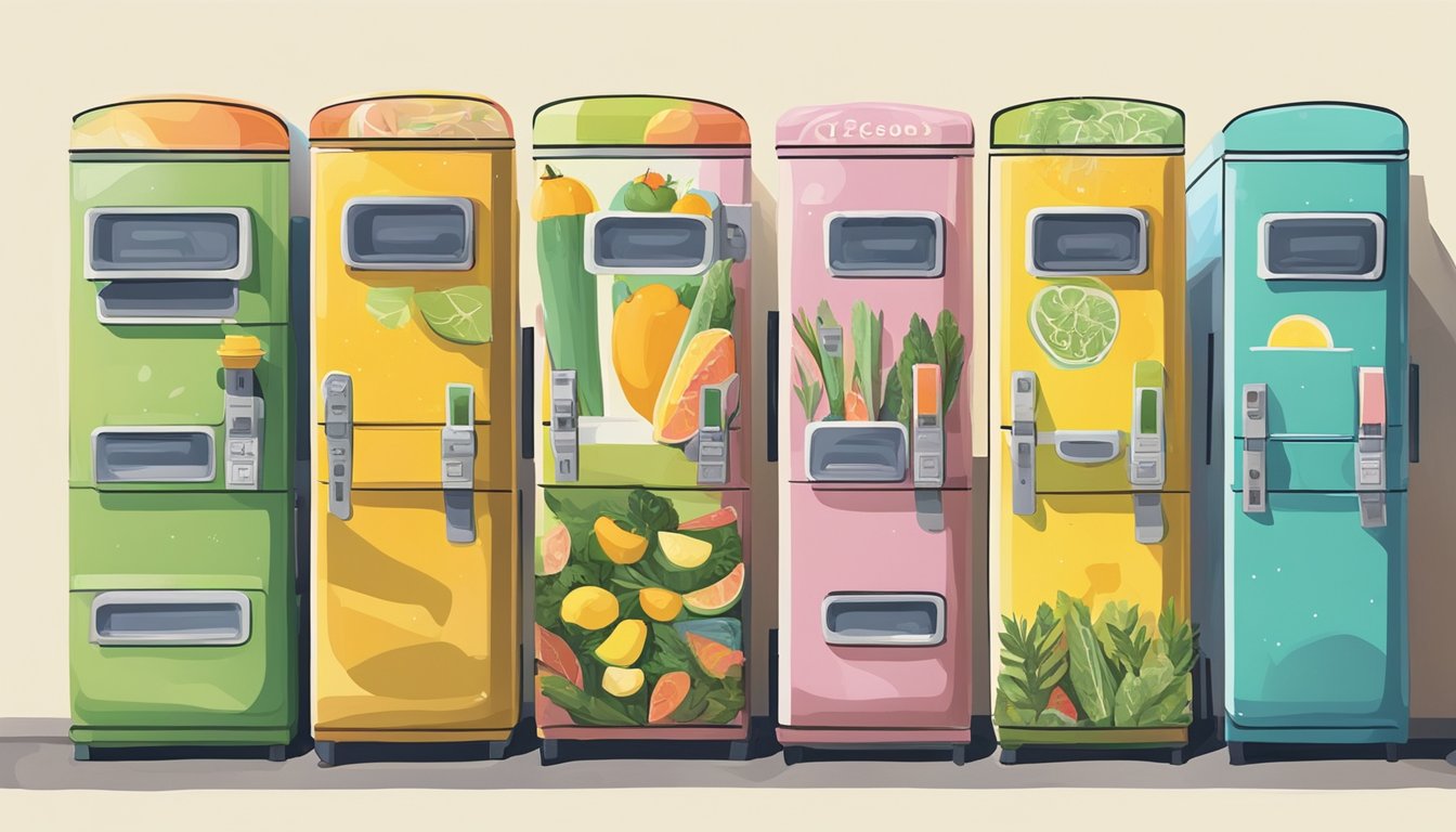 A row of colorful community fridges nestled against a sunny wall in Escondido, California, inviting locals to share and take food