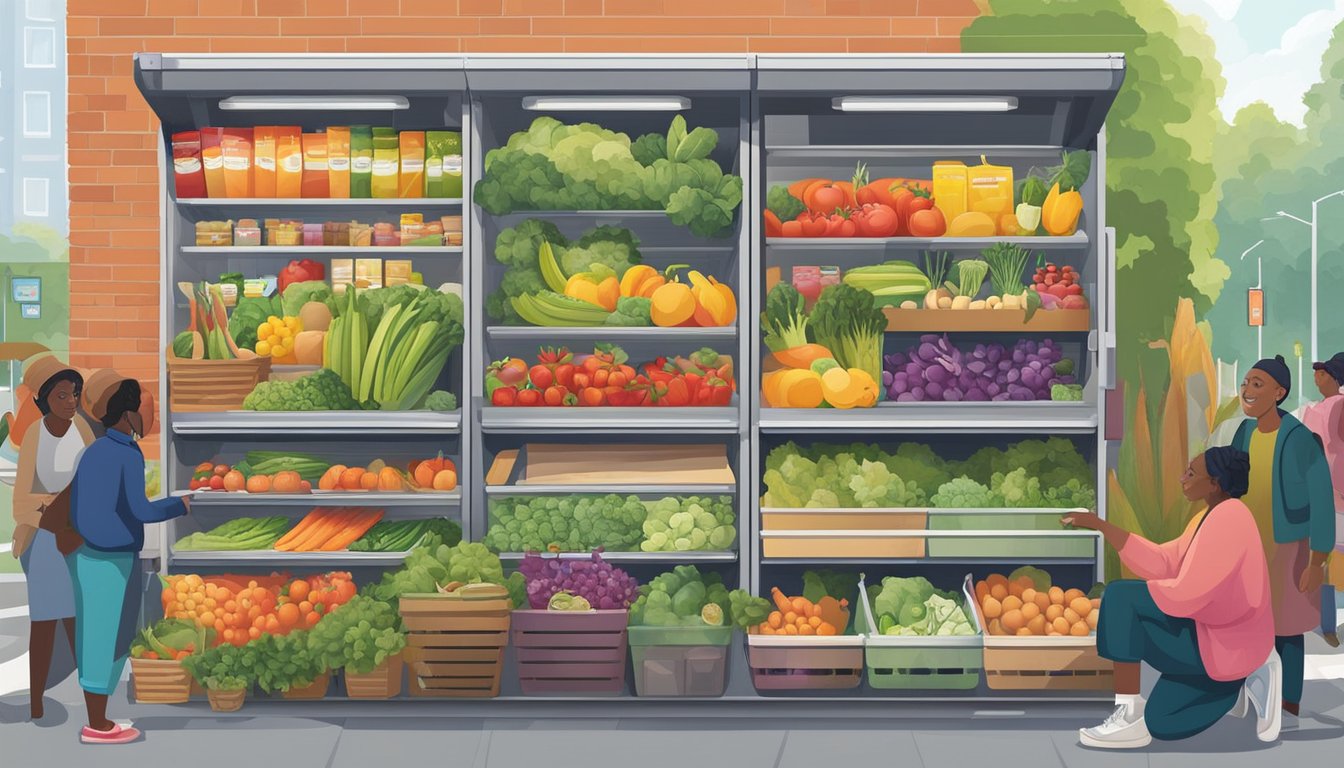 A colorful mural adorns the side of the community fridge, surrounded by a diverse array of fresh produce and packaged goods. People come and go, contributing and taking what they need