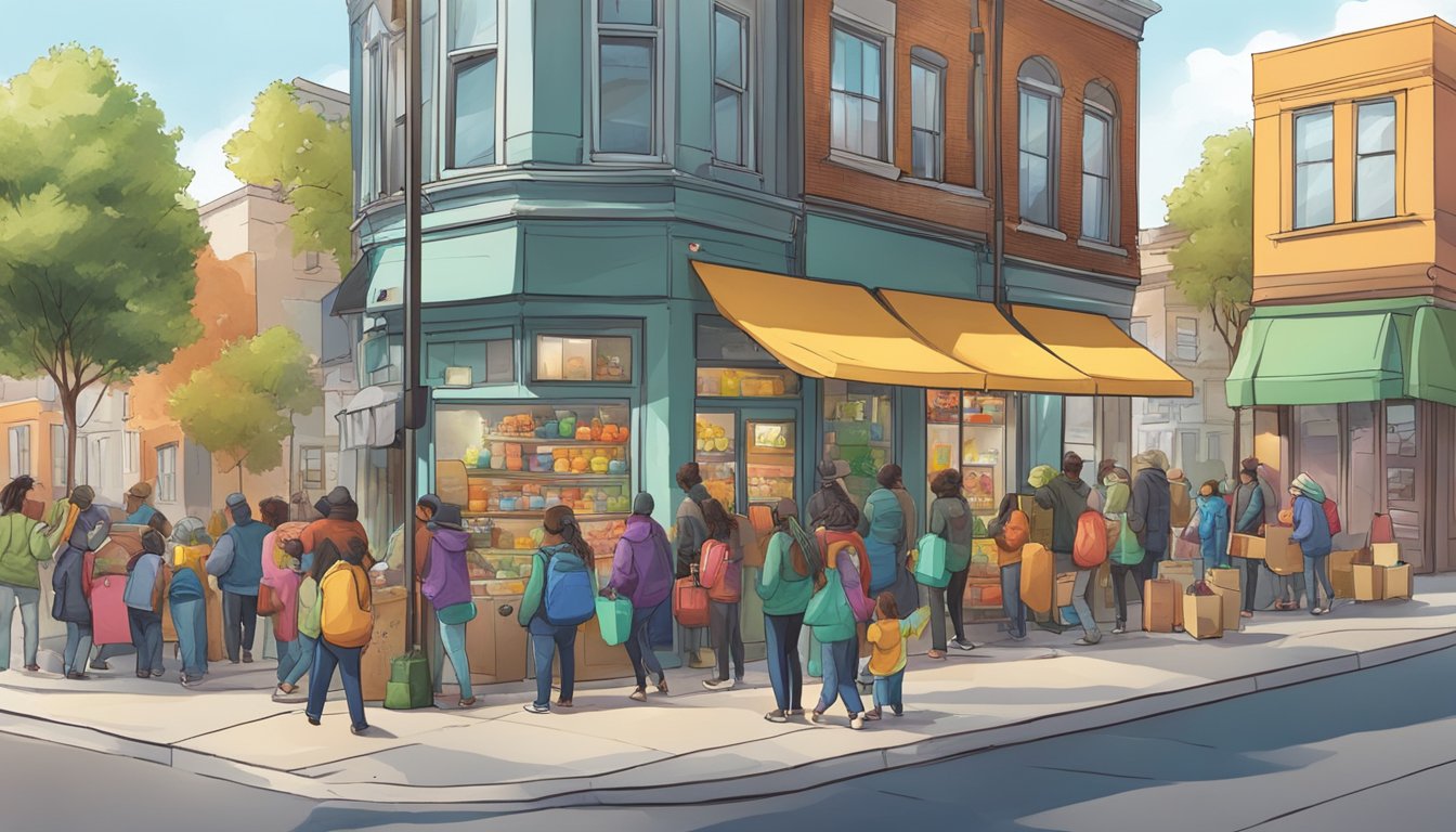 A bustling street corner with a colorful community fridge surrounded by people dropping off and picking up food items. Nearby, a group of volunteers organizes donations