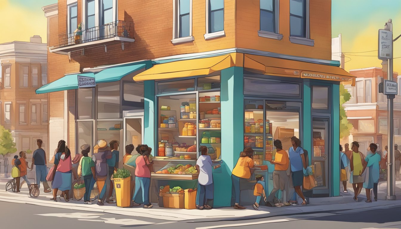 A bustling street corner with a colorful community fridge surrounded by people dropping off and picking up food. The sun shines overhead, casting a warm glow on the scene