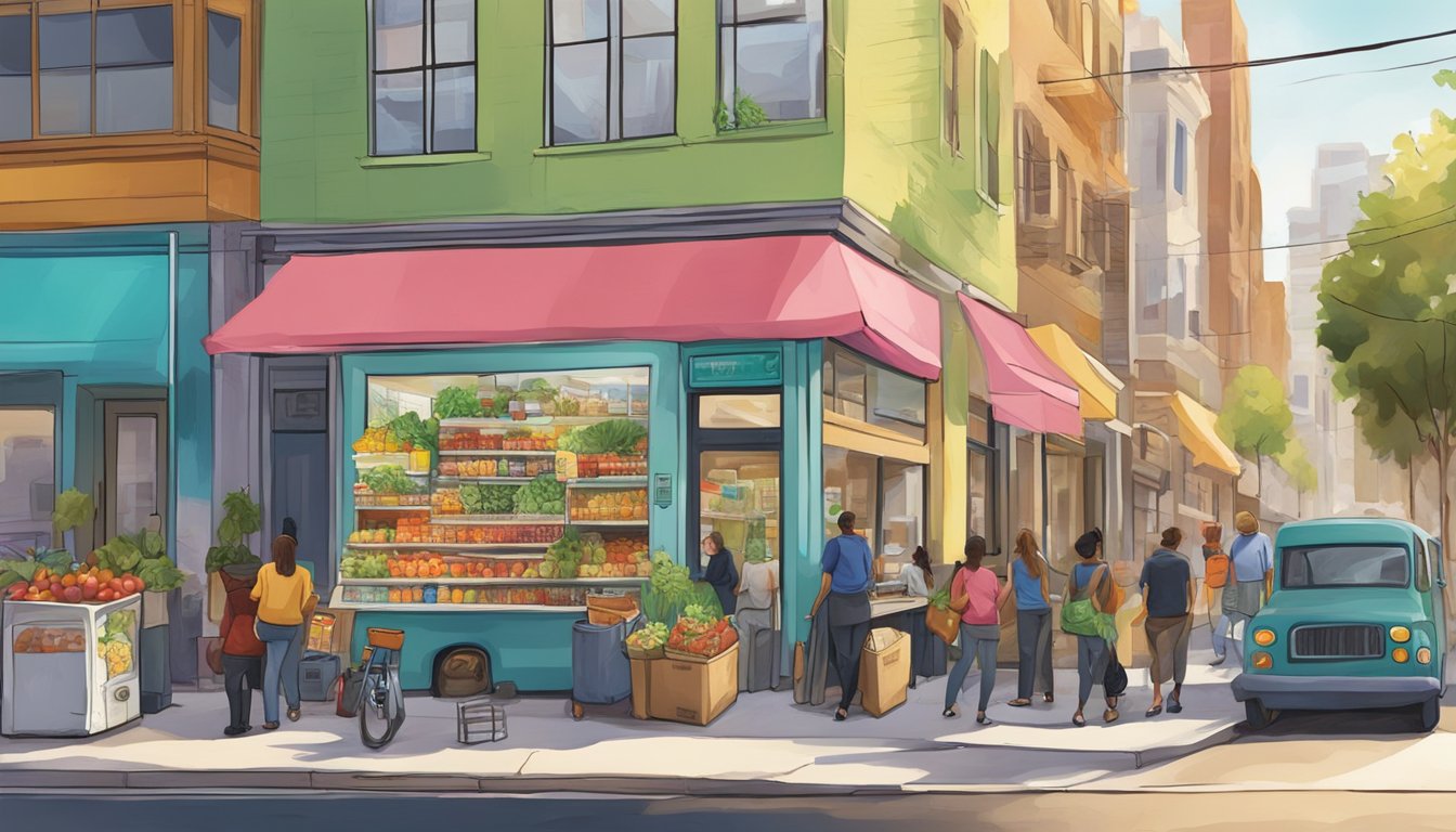 A bustling Los Angeles street corner with a colorful community fridge adorned with artwork and filled with fresh produce and packaged goods