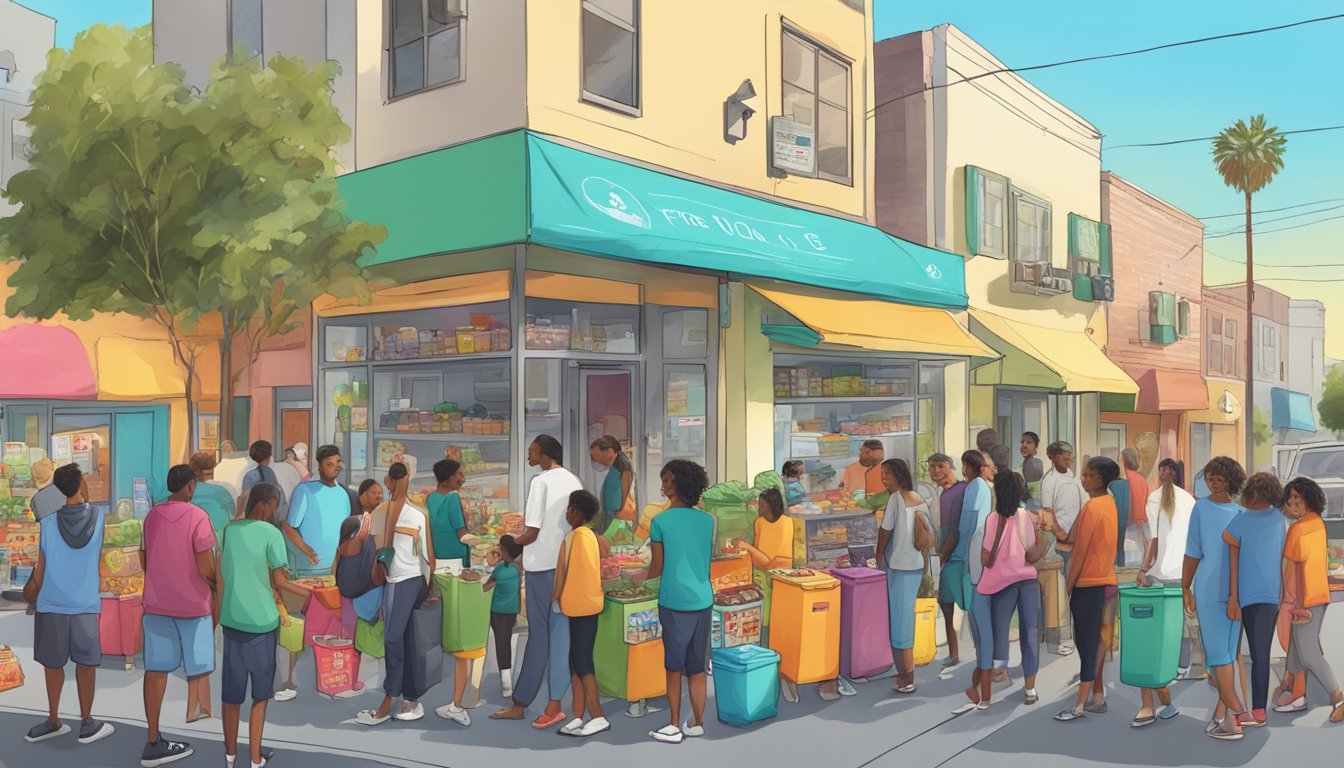 A bustling Los Angeles street with a colorful local community fridge surrounded by diverse residents donating and taking food items