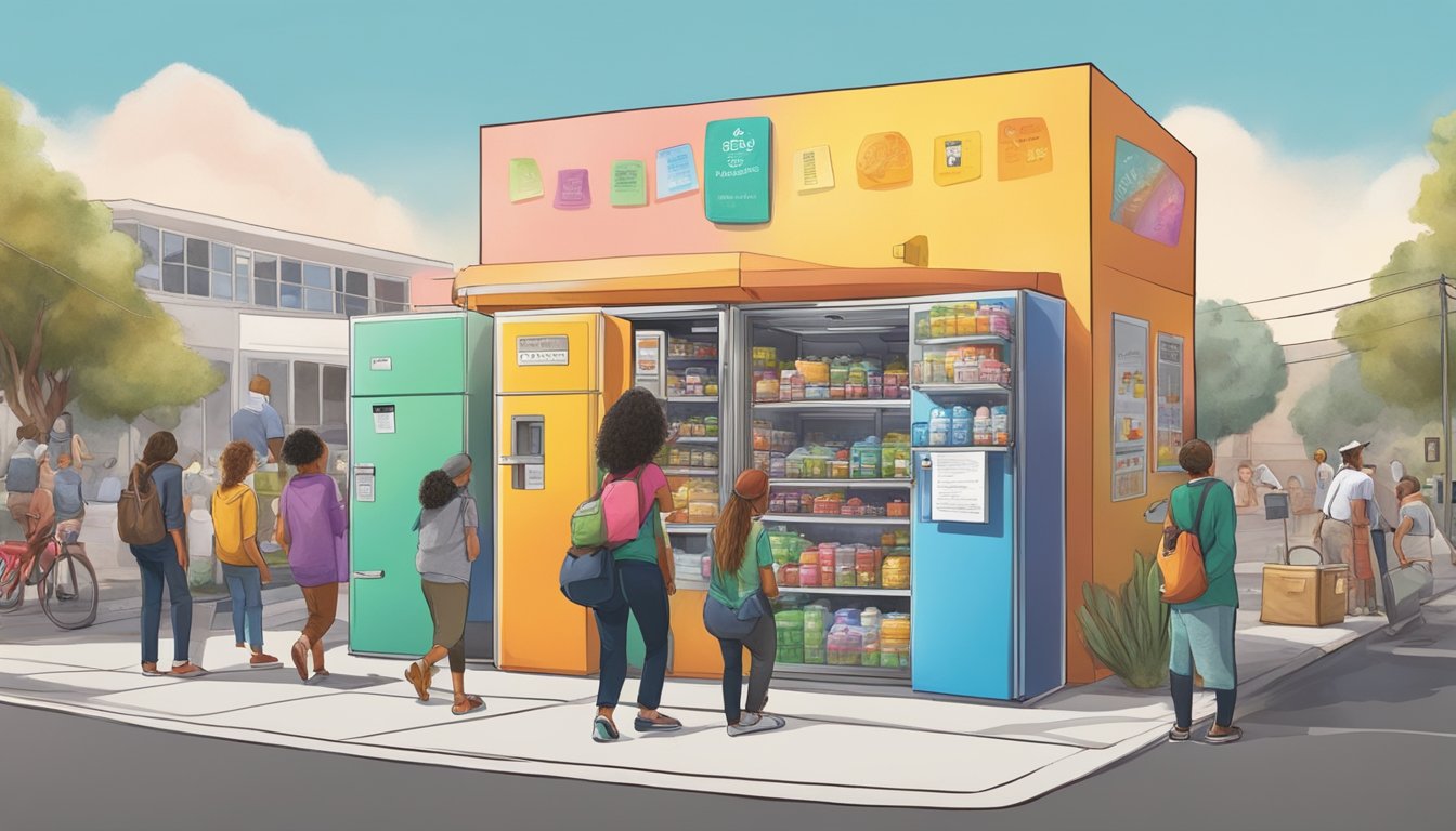 A colorful local community fridge surrounded by diverse resources and people navigating through the offerings in Escondido, CA