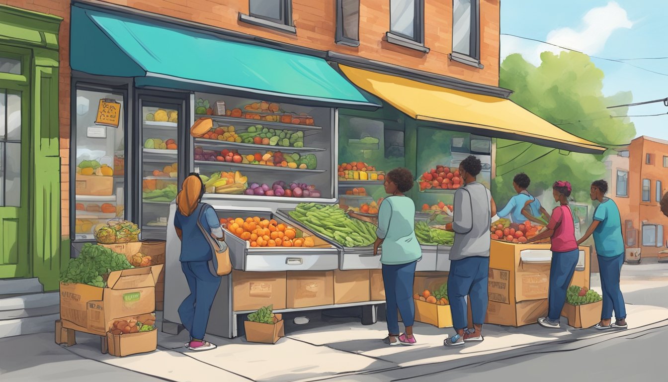 A bustling street corner with a colorful, graffiti-covered refrigerator filled with fresh produce and pantry items. People from the community are stopping by to donate and take what they need