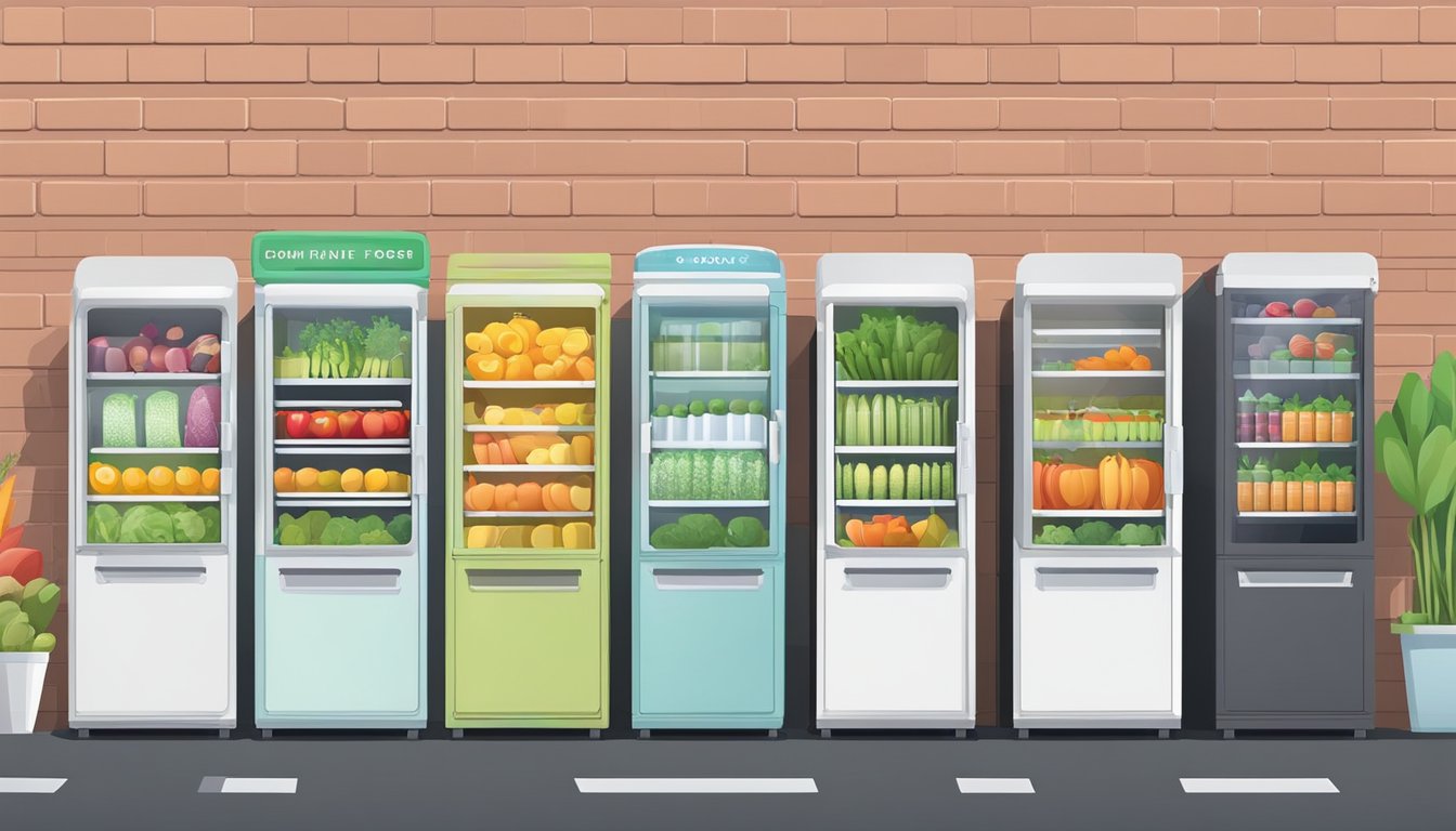 A row of colorful community fridges lined up against a wall, with various fresh produce and packaged goods inside