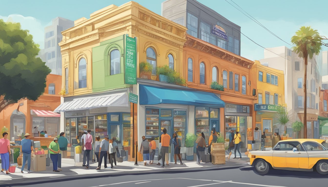 A bustling Los Angeles street with a colorful community fridge surrounded by diverse local businesses and residents