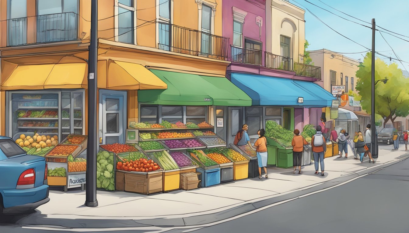 A bustling street corner in Ontario, CA, with a colorful local community fridge adorned with vibrant artwork and filled with fresh produce and food items