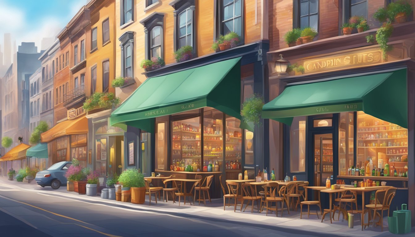 A cozy cafe with steaming mugs and bottles of local spirits, surrounded by the bustling city streets and colorful storefronts