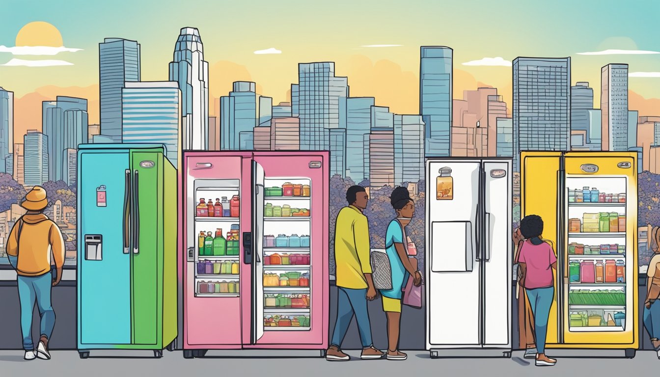 A row of colorful community fridges against a backdrop of Los Angeles skyline, with people bustling around to stock and access the fridges