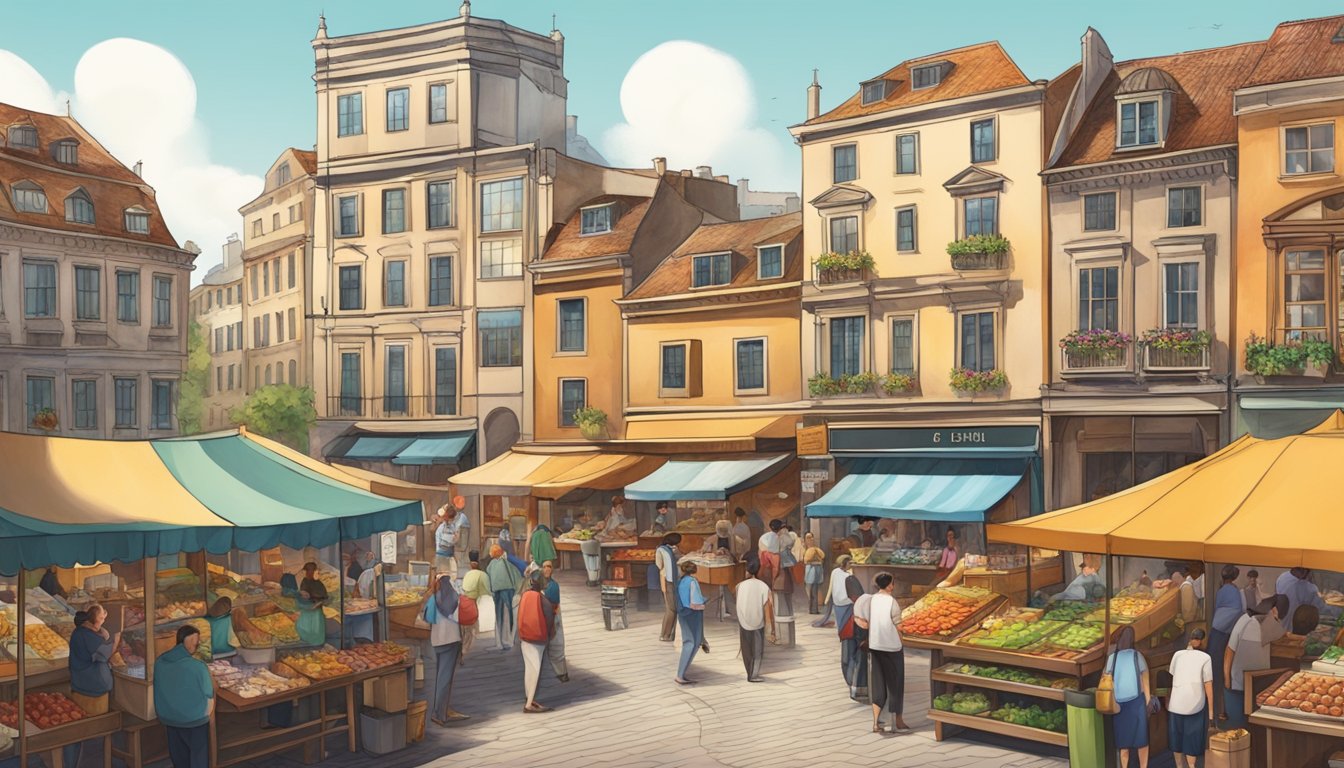 A bustling market with colorful food stalls and outdoor cafes, surrounded by historic buildings and lively street performers