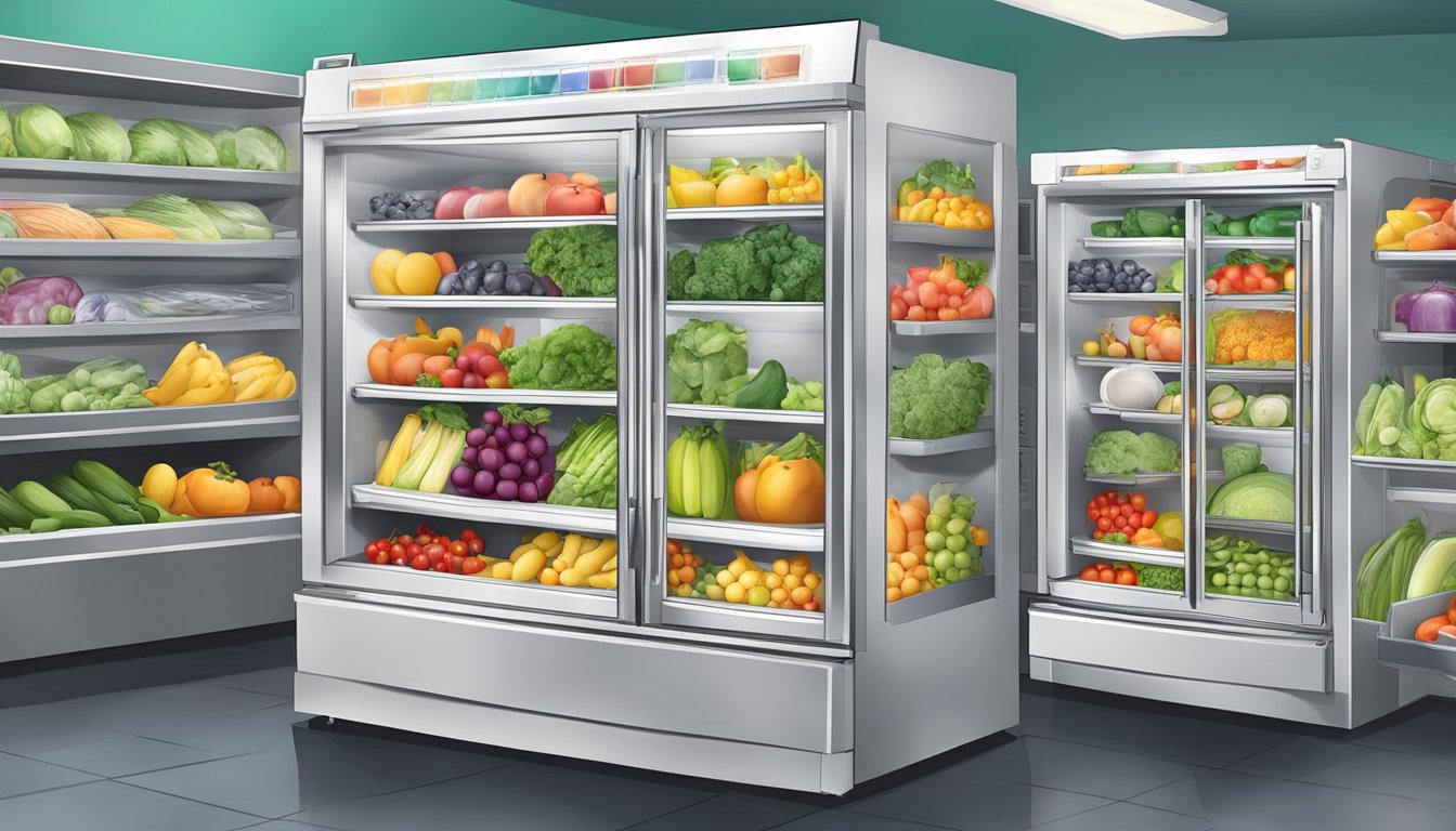 A colorful local community fridge in Ontario, CA filled with fresh produce and labeled with health and safety standards