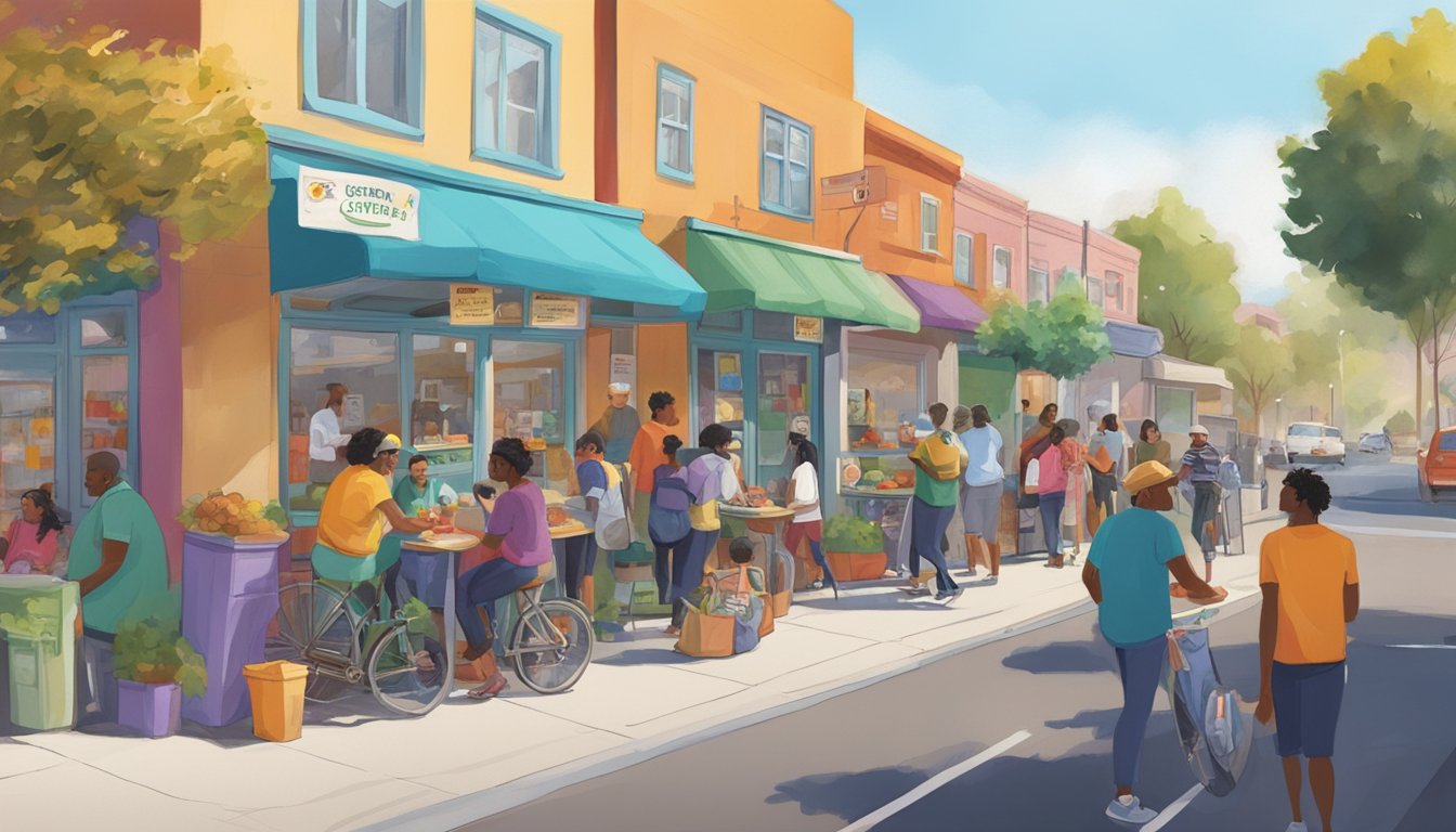 A colorful, bustling street corner in Fremont, CA, with a community fridge surrounded by diverse residents contributing and taking food