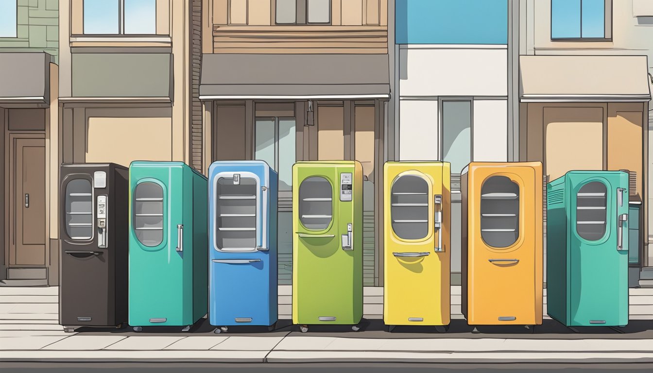 A row of colorful community fridges lined up on a sunny sidewalk in Fremont, California