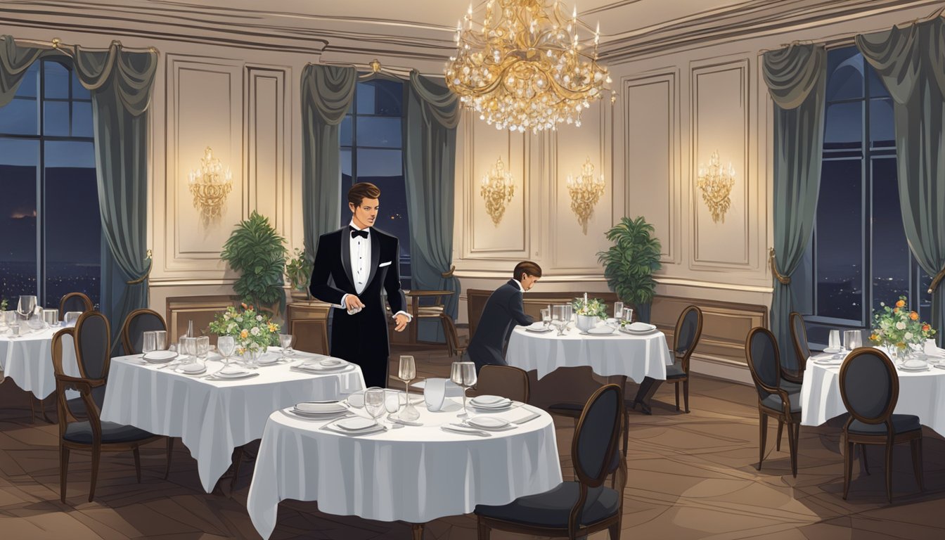 An elegant dining room with dim lighting, white tablecloths, and a chandelier. A waiter in a tuxedo serves a beautifully plated dish