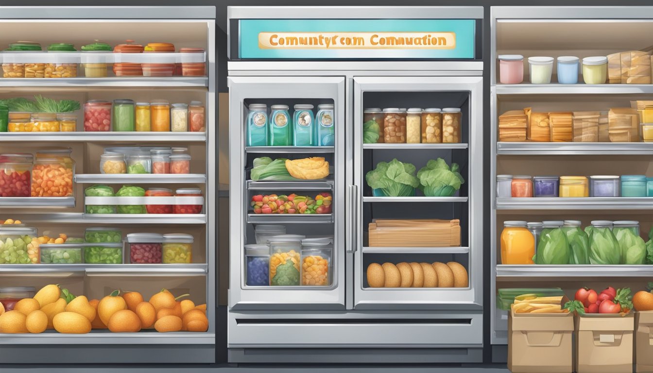 A colorful local community fridge with various food items and a sign for Public Relations and Communication Ontario, CA