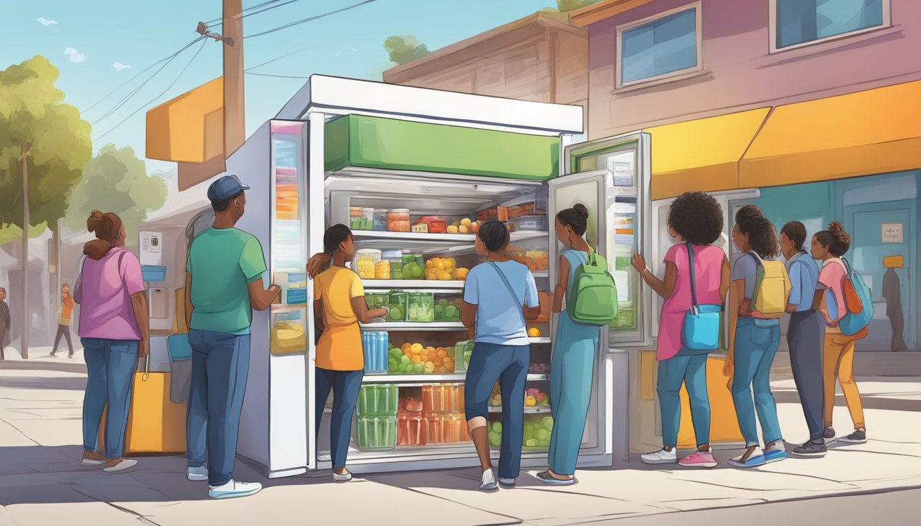 A colorful local community fridge surrounded by people accessing resources and contact information in Ontario, CA