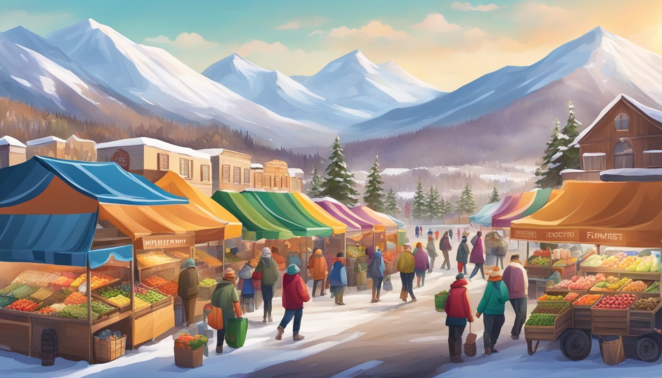 A bustling farmers market with colorful produce stalls and food trucks, set against a backdrop of snow-capped mountains and a vibrant cityscape