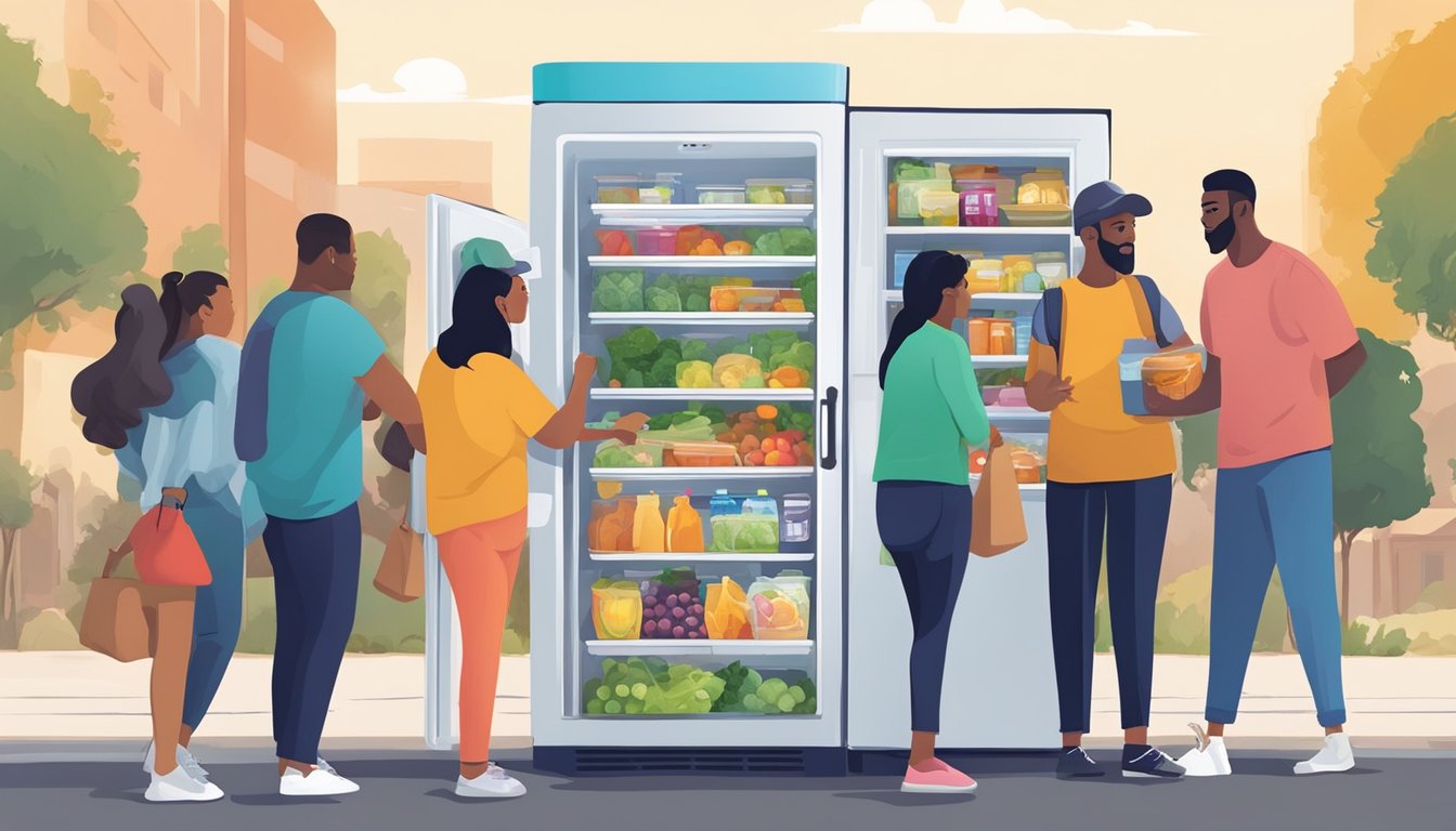 A colorful community fridge surrounded by diverse people donating and taking food in Moreno Valley, CA