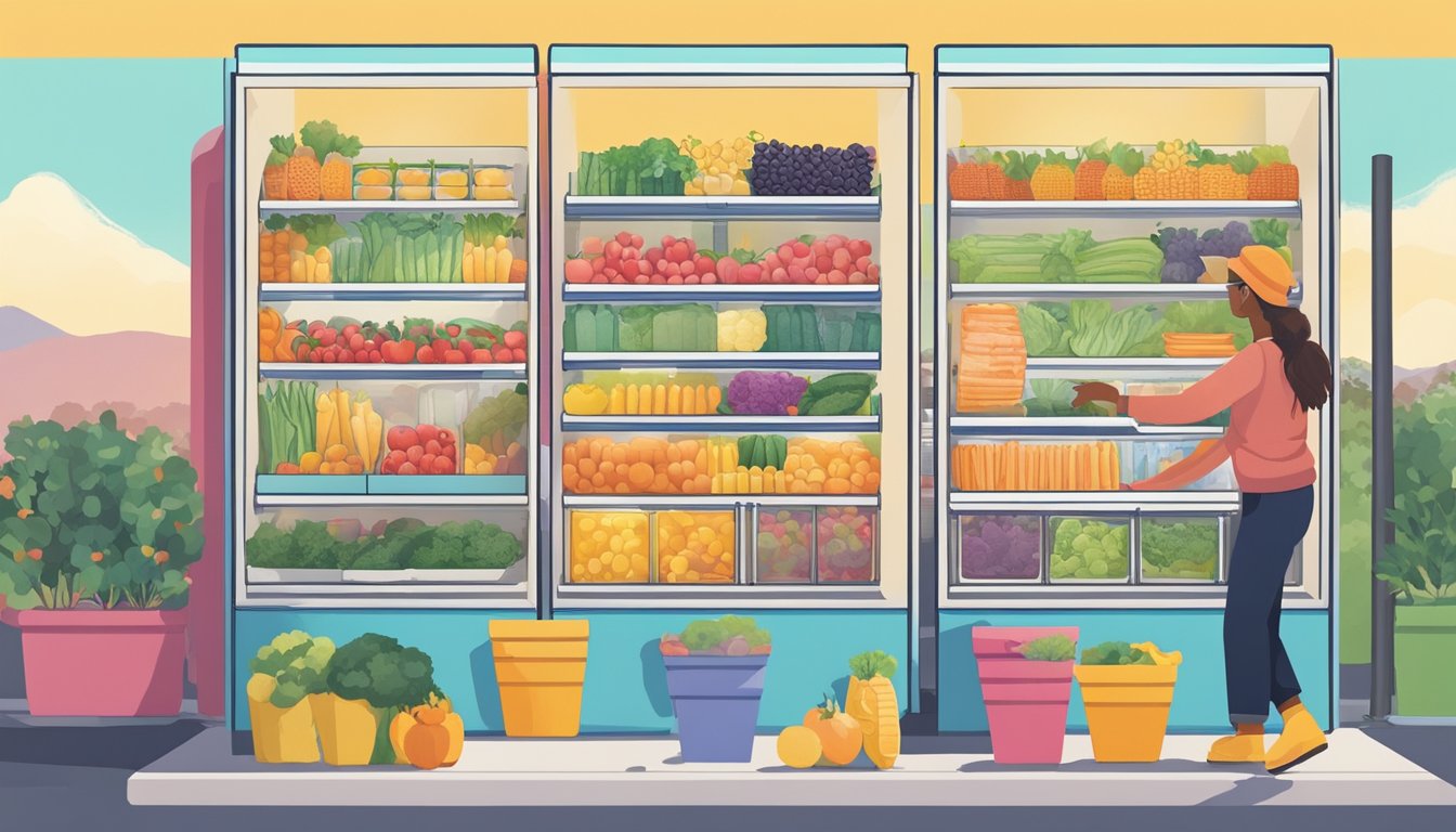 A person placing fresh produce and packaged goods into a colorful, well-stocked community fridge on a sunny day in Fremont, CA