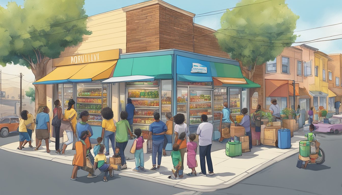 A bustling street corner in Moreno Valley, CA with a colorful, well-stocked community fridge surrounded by a diverse group of people accessing and contributing to it