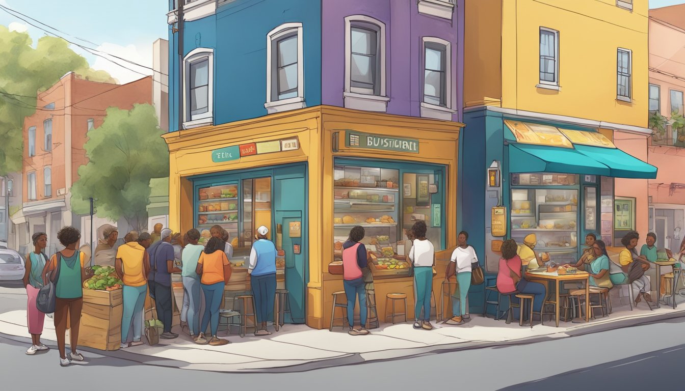 A bustling street corner with a colorful community fridge surrounded by diverse locals exchanging food and stories