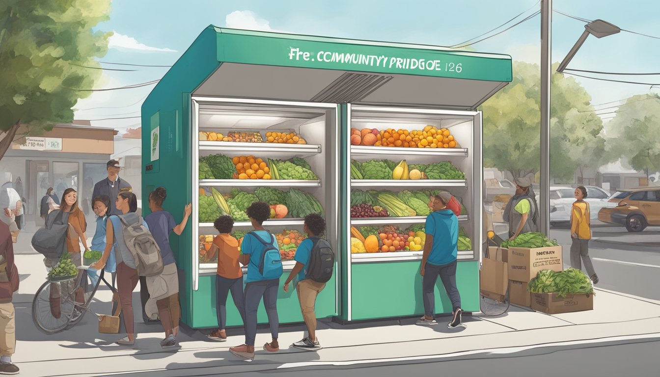 The Community Fridge in Fremont, CA is filled with fresh fruits, vegetables, and packaged goods, with people coming and going to donate and take items