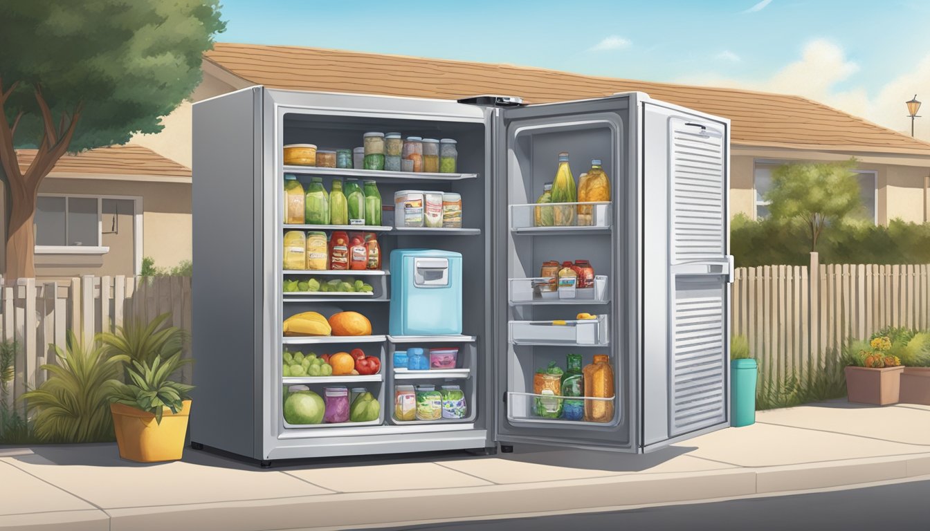 A local community fridge nestled in a sunny Moreno Valley neighborhood, easily accessible to all