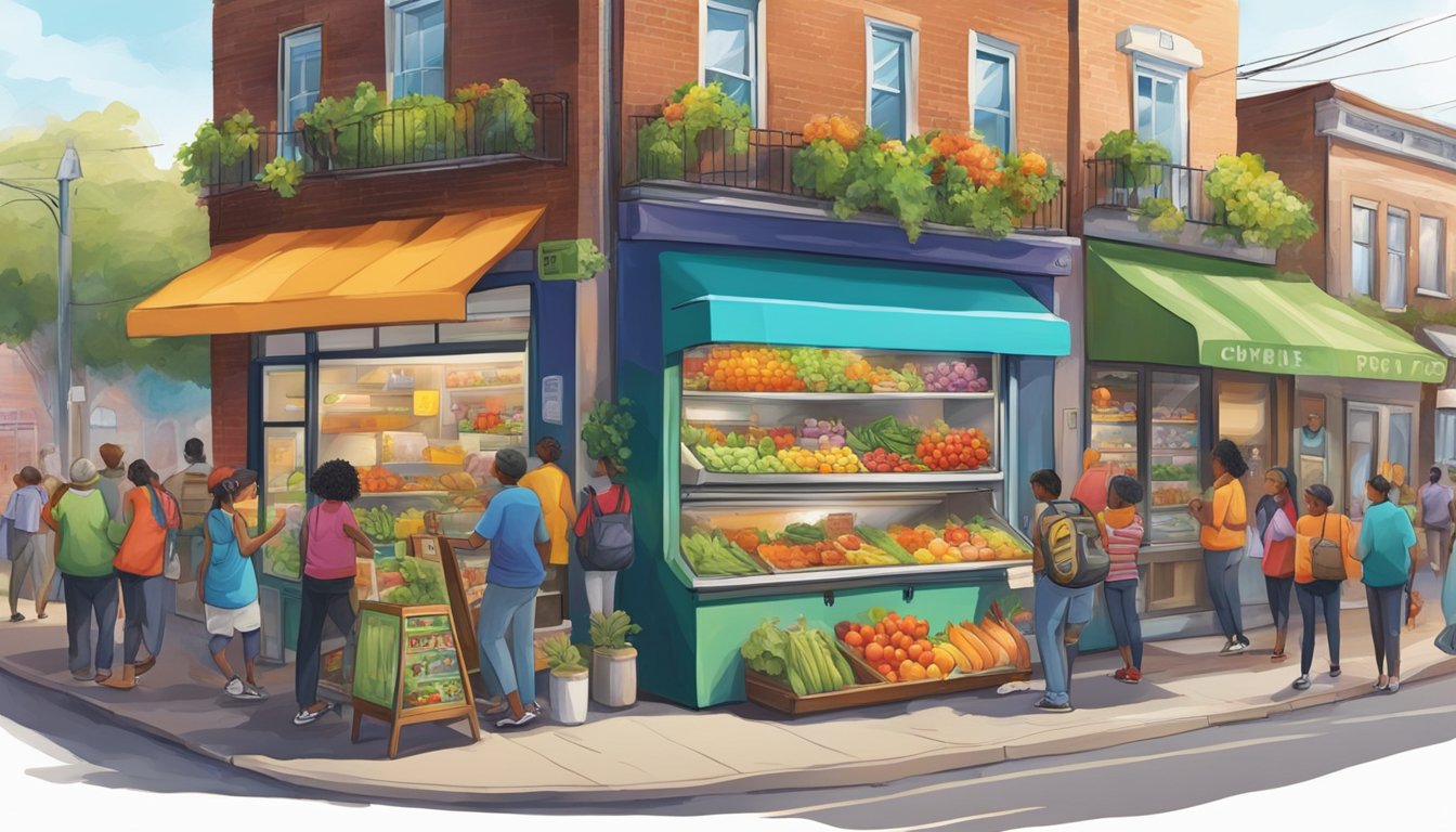 A bustling street corner with a colorful, graffiti-adorned fridge filled with fresh produce and food items. People from the community come and go, stocking and taking from the fridge