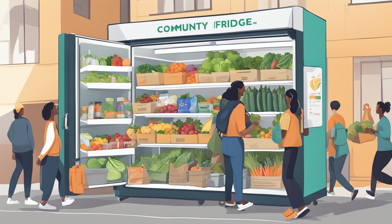 A community fridge filled with fresh produce and packaged goods, surrounded by a diverse array of people dropping off donations