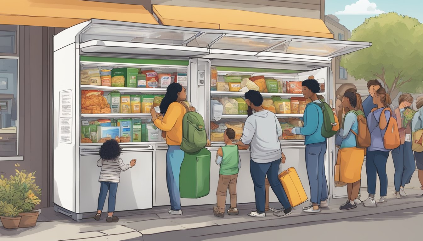 A bustling local community with a prominently displayed guide to the Fremont, CA community fridge, surrounded by promotional materials and people engaging with the information