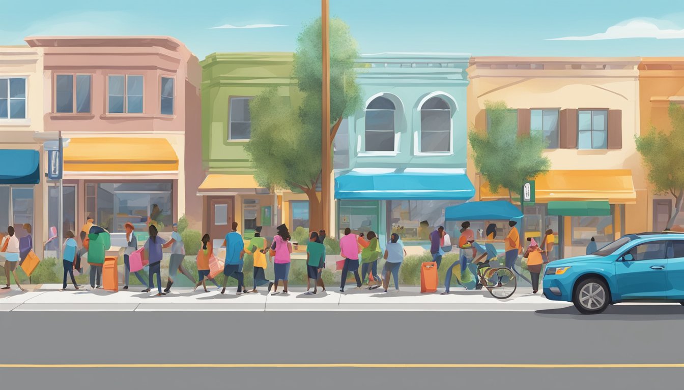 A bustling street in Moreno Valley, CA, with a colorful community fridge surrounded by volunteers and engaged community members