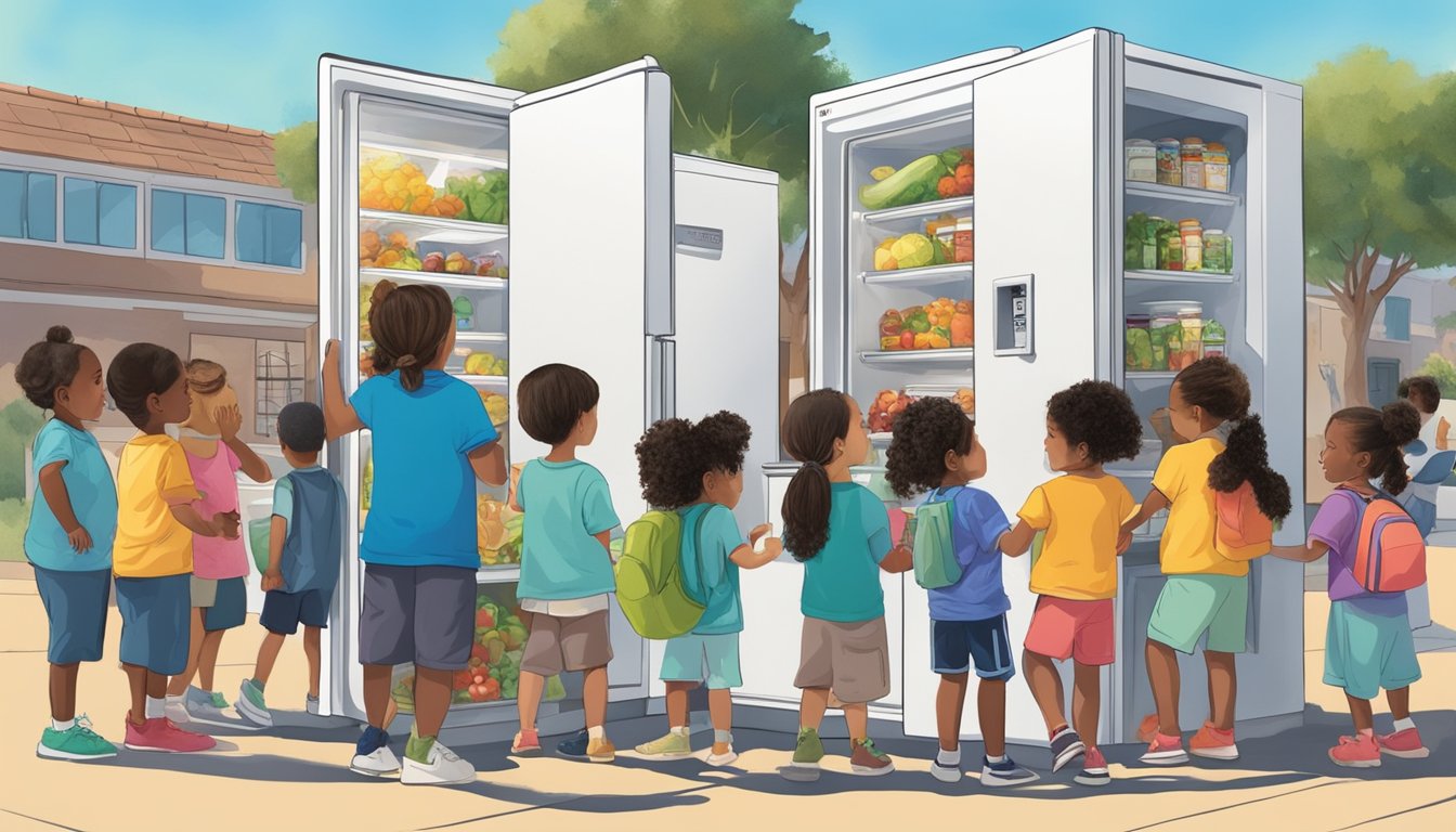 A bustling community fridge surrounded by children and adults participating in educational activities and programs in Moreno Valley, CA