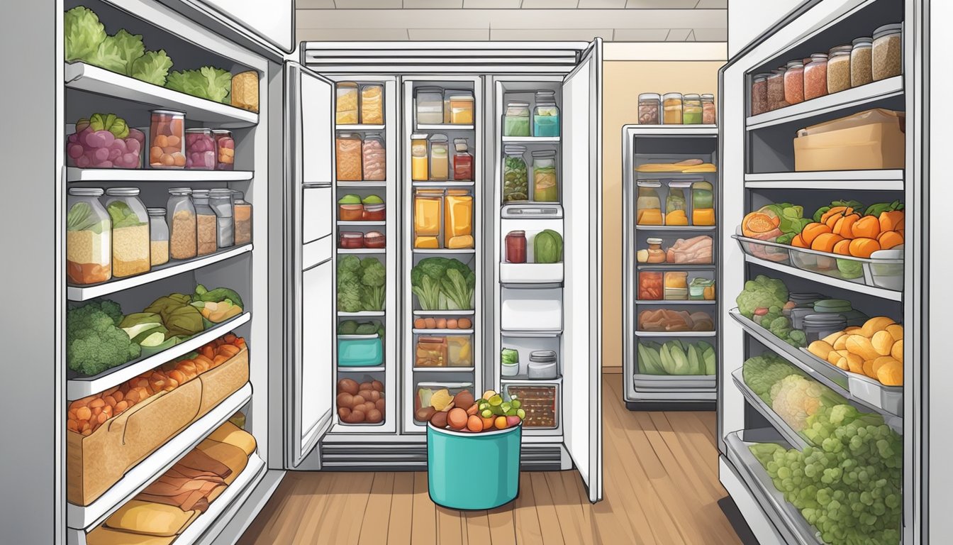 A colorful community fridge surrounded by diverse food items, with people from different backgrounds coming together to contribute and take what they need