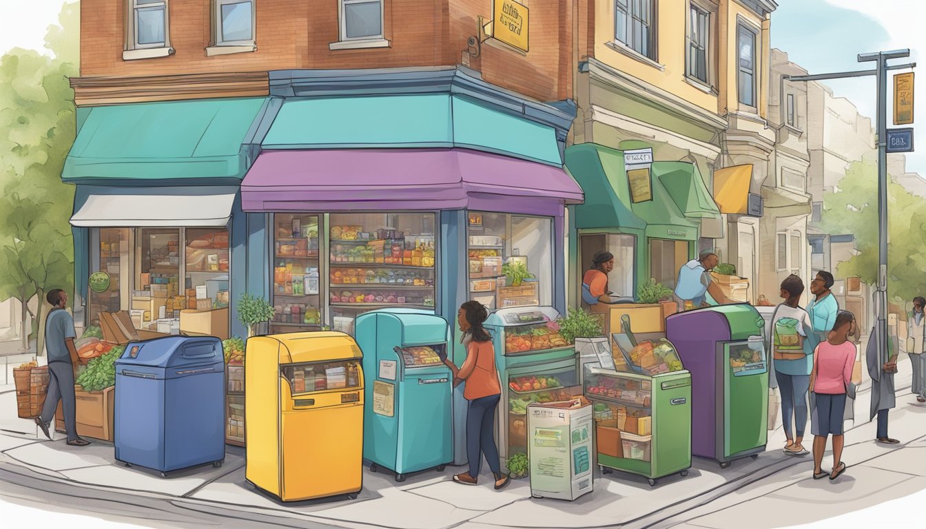 A bustling street corner with a brightly colored community fridge surrounded by a diverse array of local businesses and resources