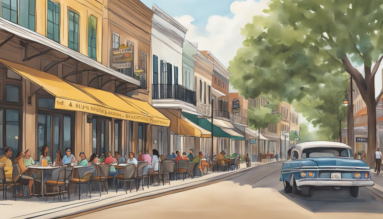 A bustling street lined with cozy restaurants serving up classic comfort food in Baton Rouge. A mix of aromas fills the air as locals and tourists alike enjoy the city's culinary delights