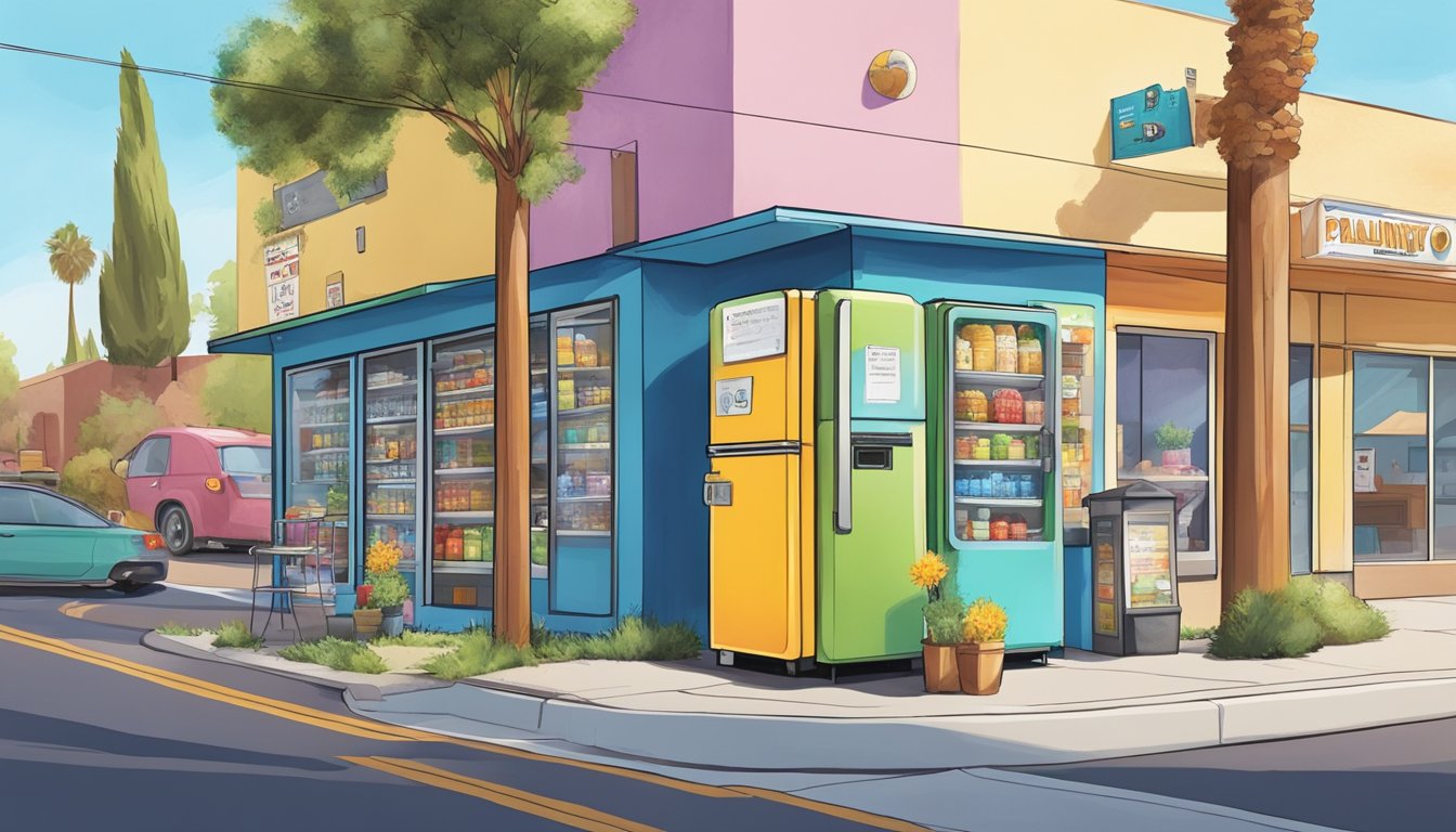 A colorful community fridge stands on a sunny street corner in Palmdale, California, surrounded by a diverse array of local businesses and homes