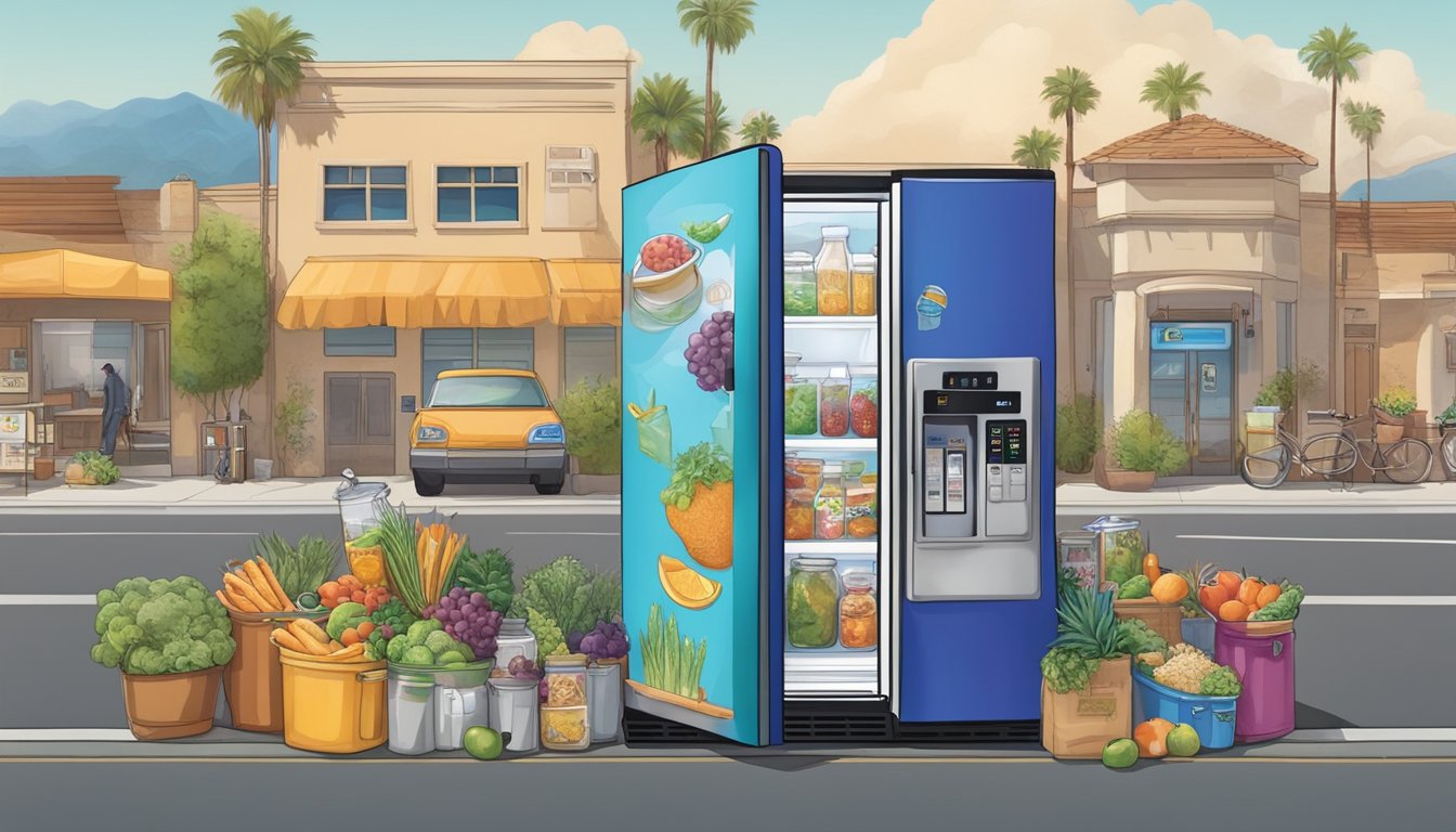 A vibrant community fridge surrounded by diverse local landmarks in Moreno Valley, CA