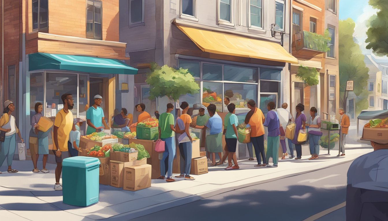 A bustling street corner with a colorful community fridge surrounded by diverse locals donating and taking food items