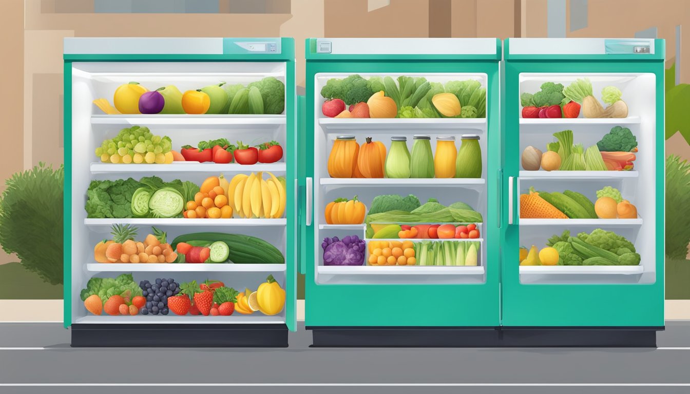 A brightly colored community fridge filled with fresh fruits, vegetables, and other healthy food items, located in a local neighborhood in Palmdale, CA