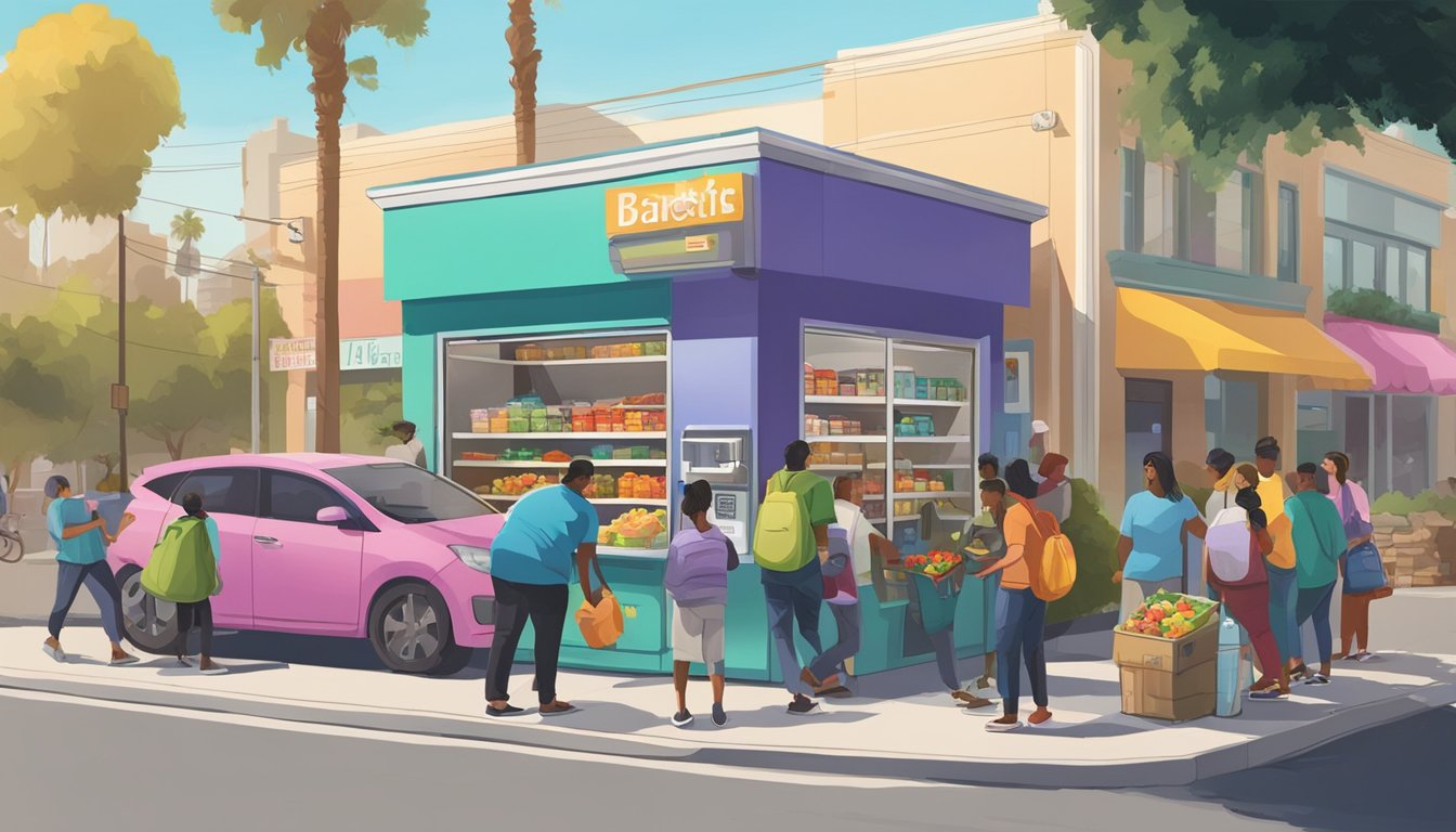 A bustling street corner in Garden Grove, CA, with a colorful community fridge surrounded by people dropping off and picking up food items