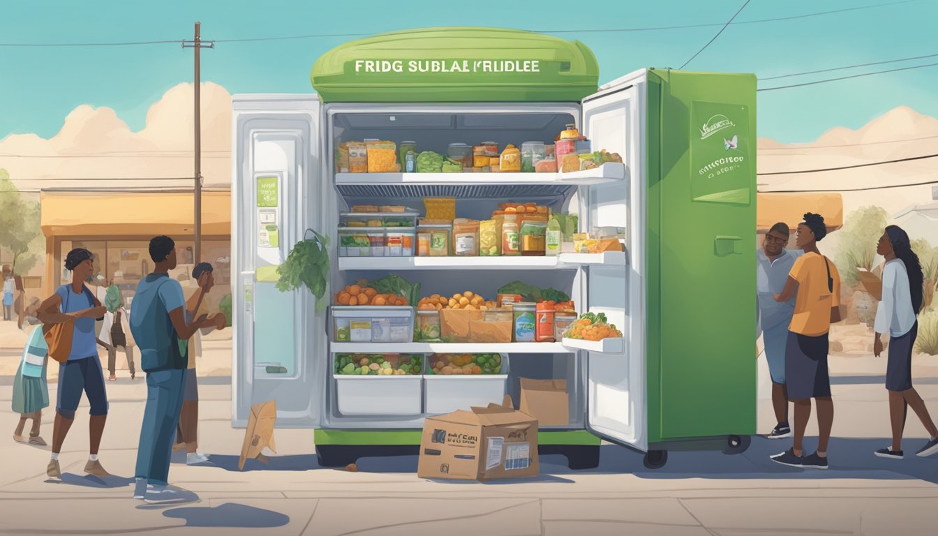 A community fridge in Palmdale, CA filled with surplus food, surrounded by locals donating and taking items