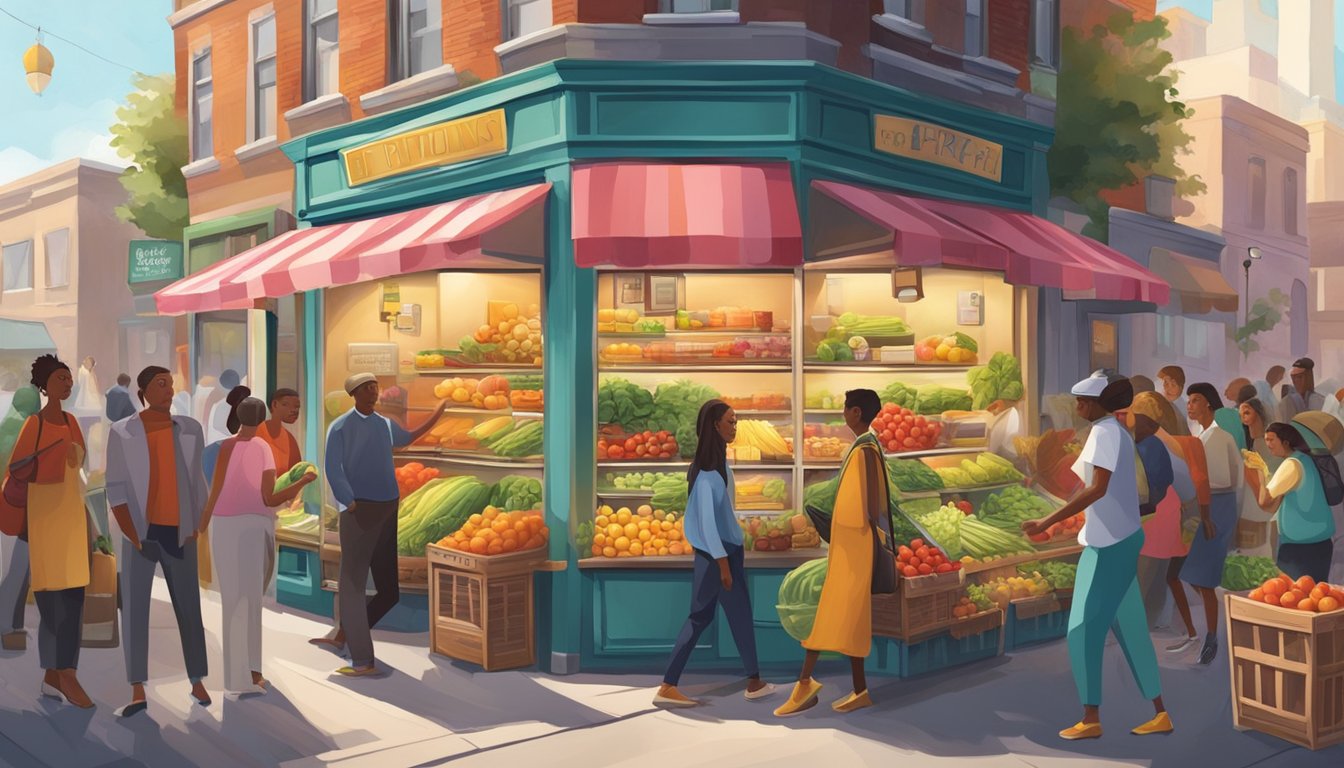 A bustling street corner with a colorful, decorated fridge filled with fresh produce and food items, surrounded by a diverse group of people coming and going