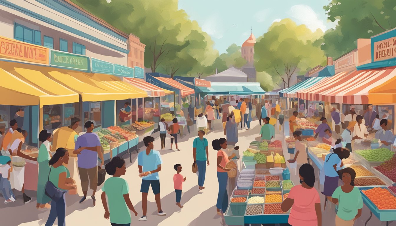 A bustling street market filled with colorful food stalls and bustling with people, showcasing the diverse culinary delights of Baton Rouge