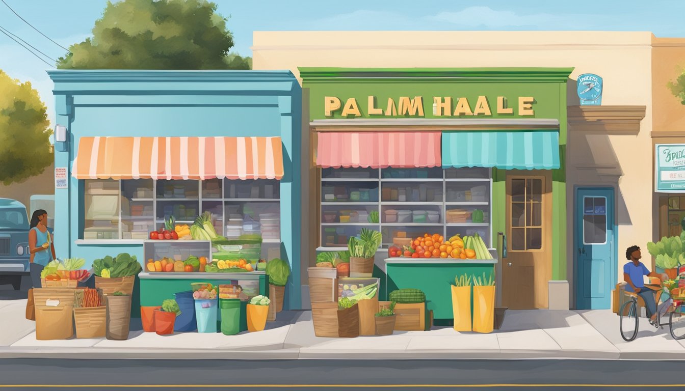 A bustling street corner in Palmdale, CA, with a colorful community fridge adorned with signs and filled with fresh produce and pantry items