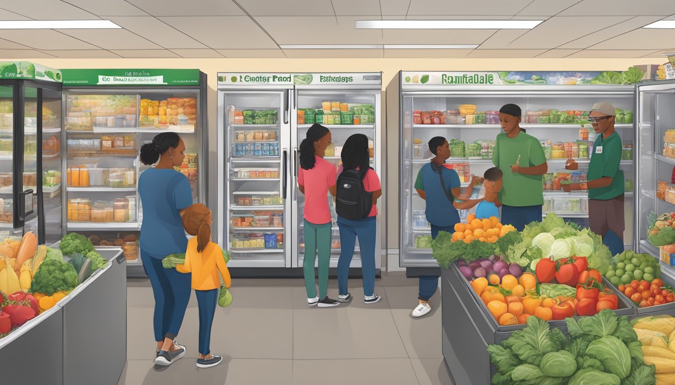 A bustling community fridge in Palmdale, CA, filled with fresh produce and food donations, with grateful recipients gathering around