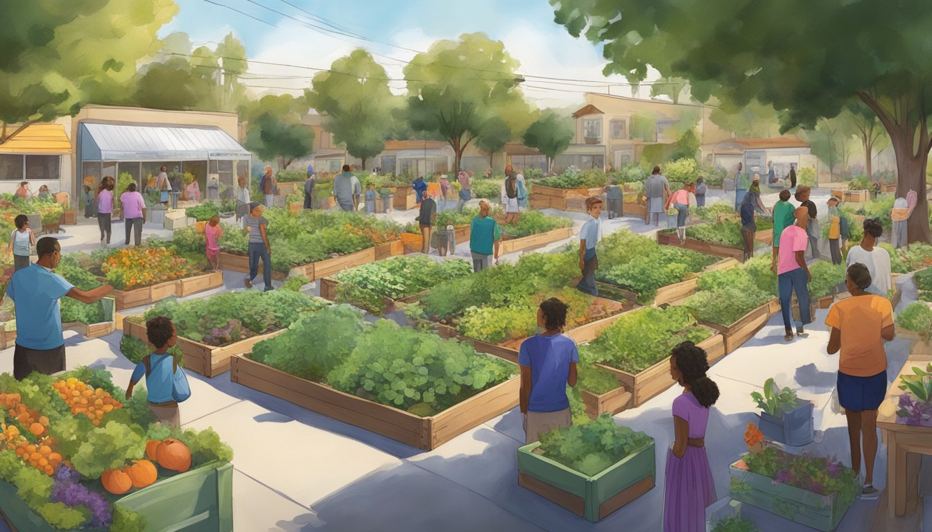 A vibrant community garden with people contributing to a local fridge, surrounded by diverse buildings and trees in Garden Grove, CA