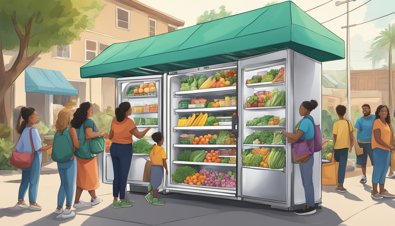 A bustling garden grove community fridge, filled with fresh produce and food items, surrounded by eager locals donating and taking items