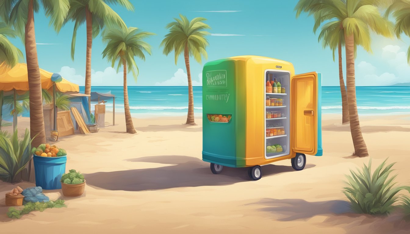 A colorful community fridge stands against a backdrop of palm trees and a sandy beach, with locals coming and going to add or take food